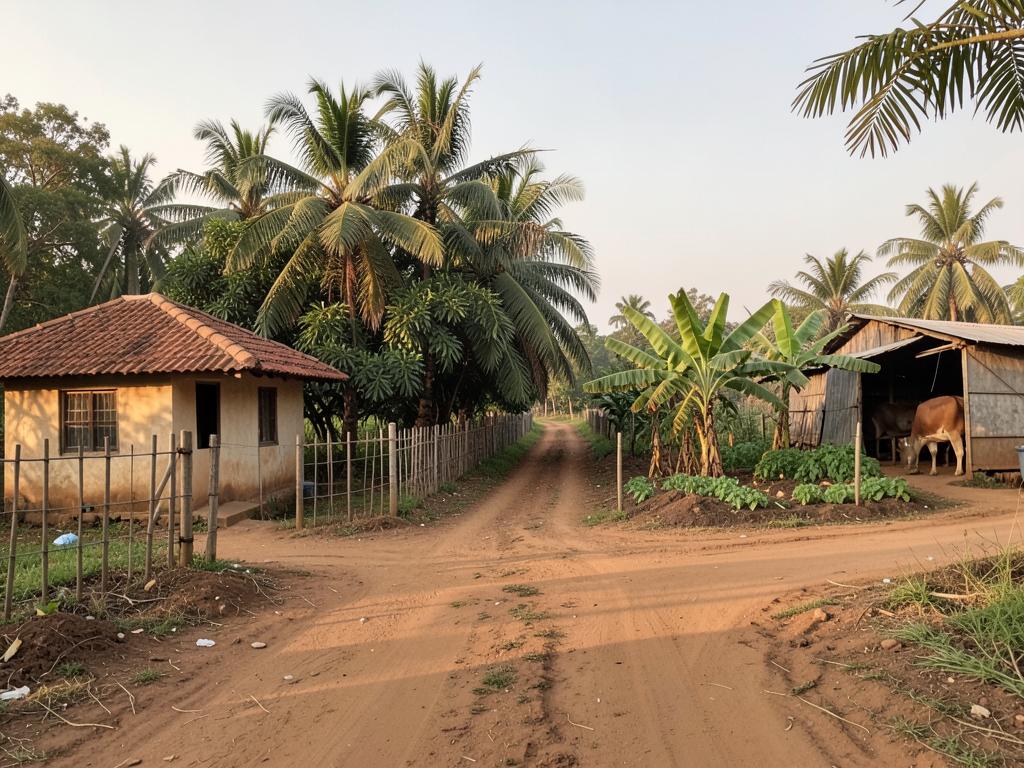 Two neighbouring farm properties — a coconut orchard farmhouse and a vegetable plot with a cow shed