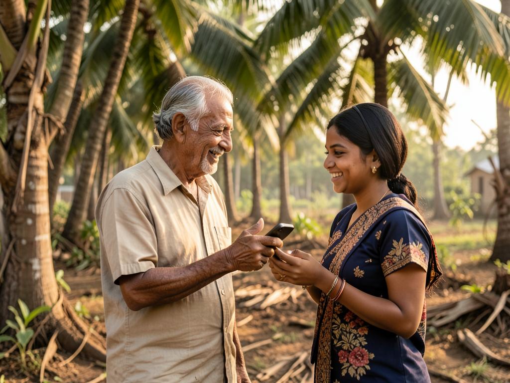 Two farm workers talk over a phone screen beside a coconut grove