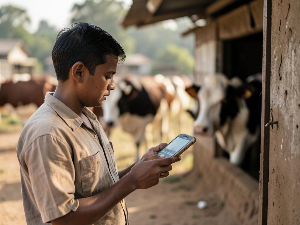 A farm worker taps his PIN into a phone at the cattle shed