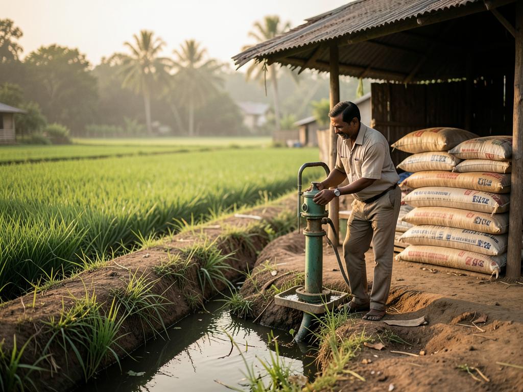 A farmer checks a newly installed irrigation pump beside seed sacks and a field channel