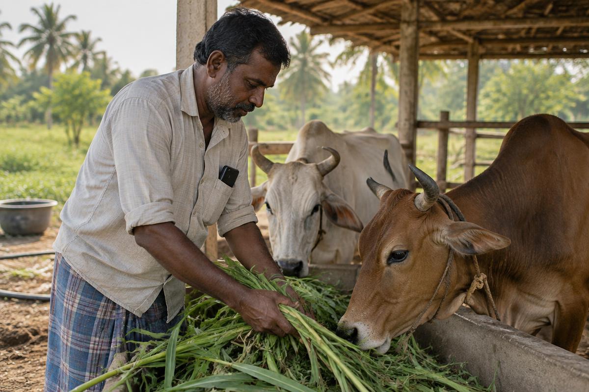 A dairy farmer feeds cattle in an open farm shed with a phone in his shirt pocket