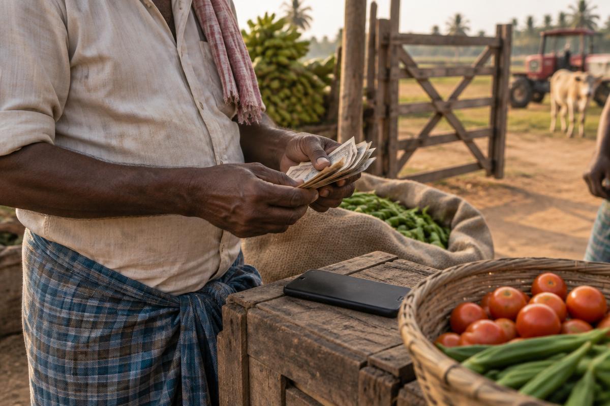 A farm owner counts cash from a produce sale beside a phone at the farm gate