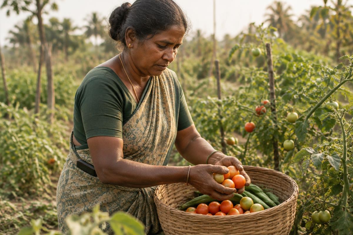 A farm worker harvests tomatoes and okra into a woven basket in a small vegetable plot
