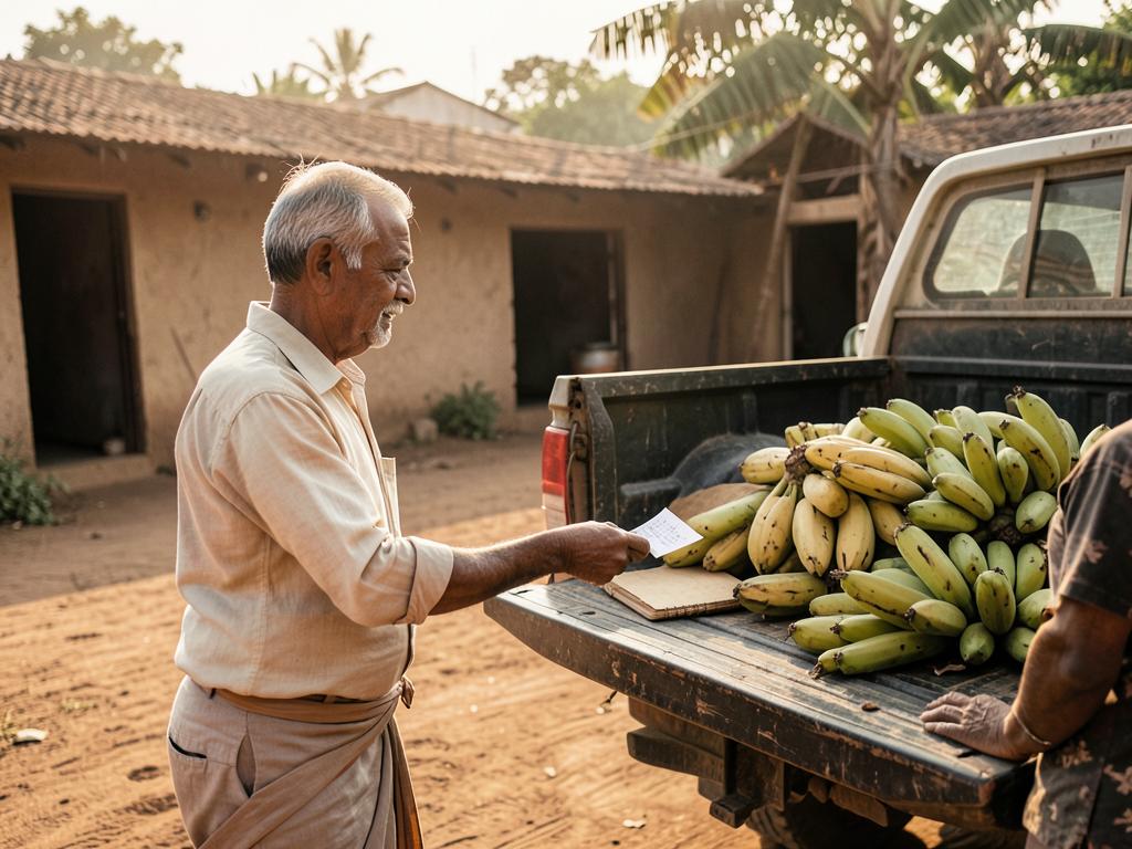 A farmer hands a sale receipt to a produce trader beside a pickup loaded with bananas