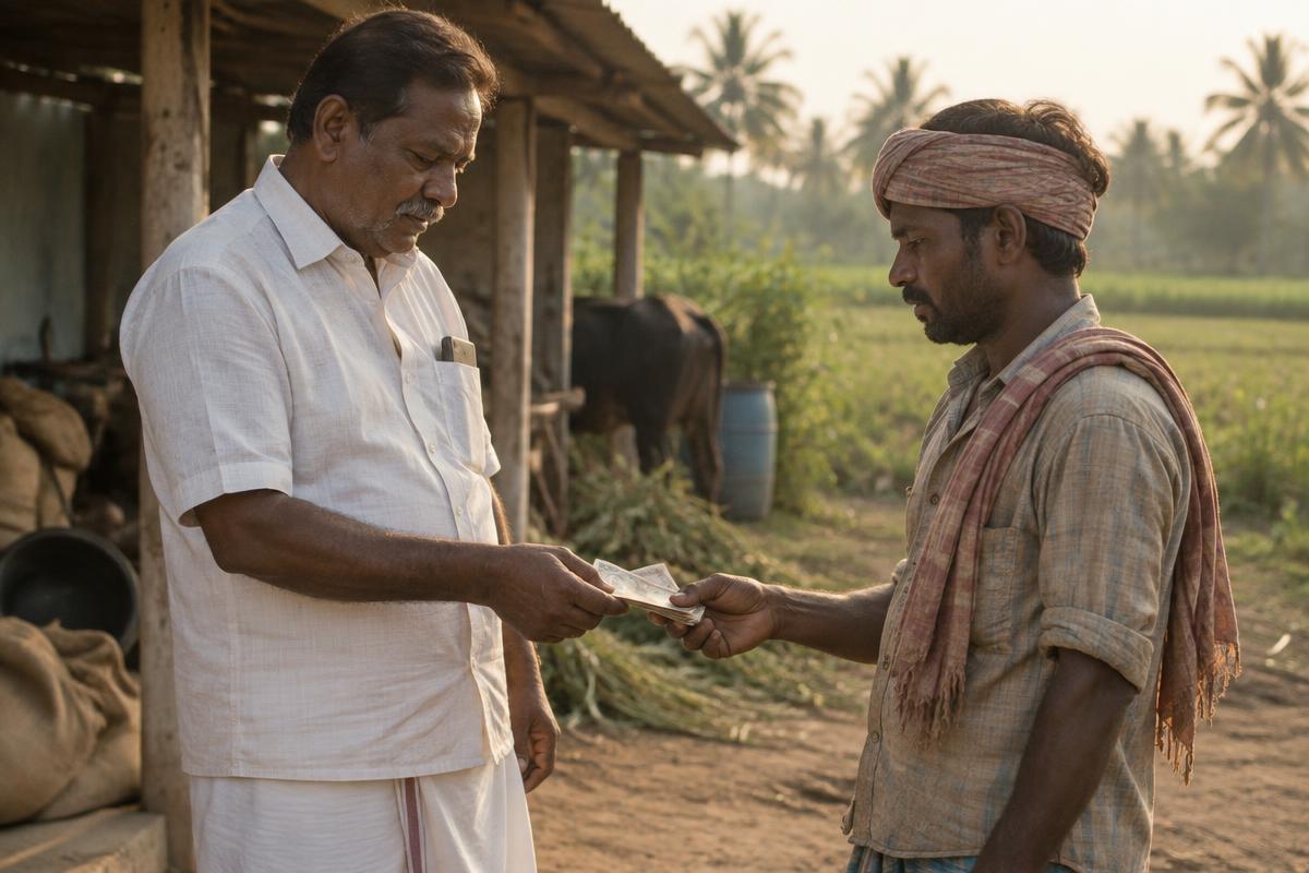 A farm owner pays a daily-wage worker at the end of the workday