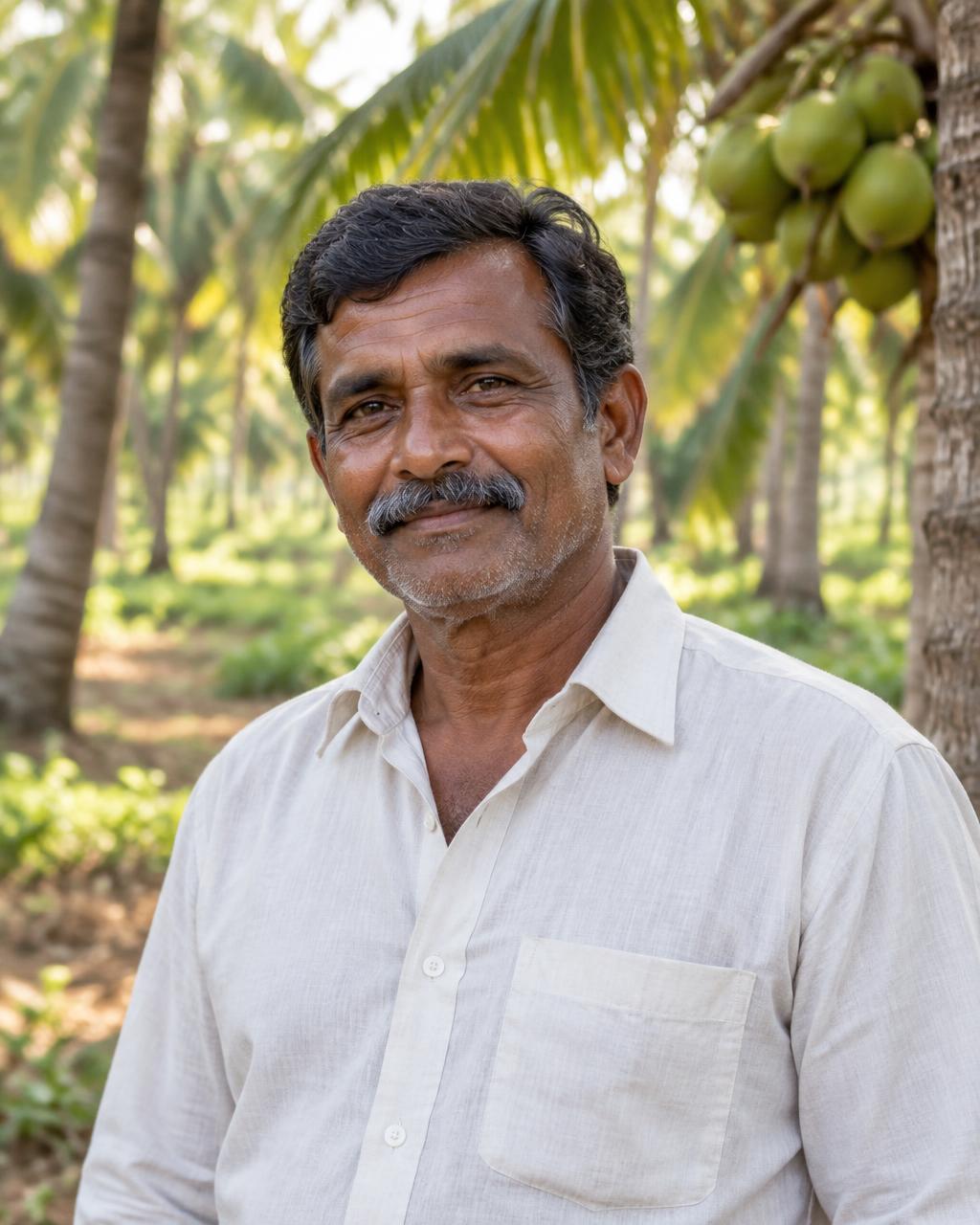 Reference portrait composition; replace with an approved photo of Sakthivel on his farm