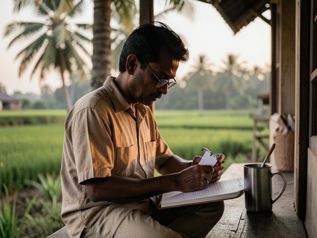 A farm owner reviews his accounts notebook on the farmhouse veranda in the evening