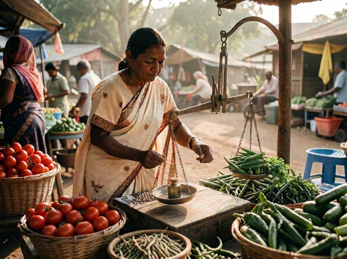 A farmer weighs fresh vegetables on a traditional two-pan balance scale at a morning market stall